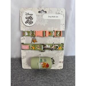Disney Cats & Dogs Dog Walk Set Small Collar Leash Waste Bag Dispenser Green New
